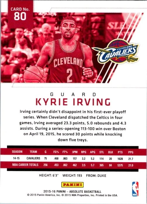 2015-16 Panini Absolute #80 Kyrie Irving - Image 2 of 2