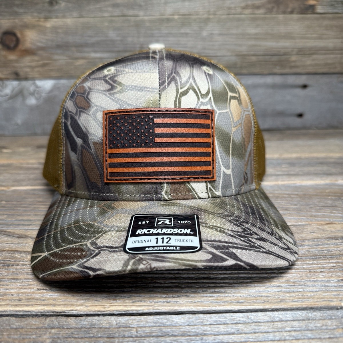 USA Flag Kryptek Highlander Camo Leather Patch Richardson 112 Hat