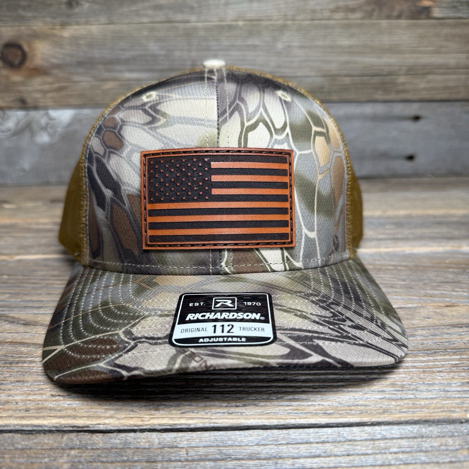 USA Flag Kryptek Highlander Camo Leather Patch Richardson 112 Hat