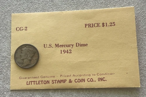 1942 "P" Mercury Dime - Silver - Vintage Littleton Envelope L2