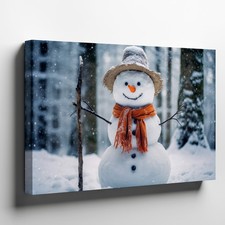 Cheerful Snowman Stands In A Tranquil Winter Forest Adorned With A Wall Art