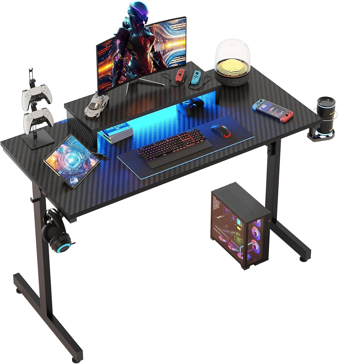 Scrivania Da Gioco LED per PC Con Supporto per Monitor, Tavolo Stabile per Compu