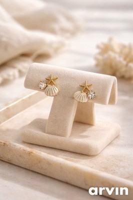 arvin Starfish Shell Stud Earrings Gold White Imitation Pearl Crystal