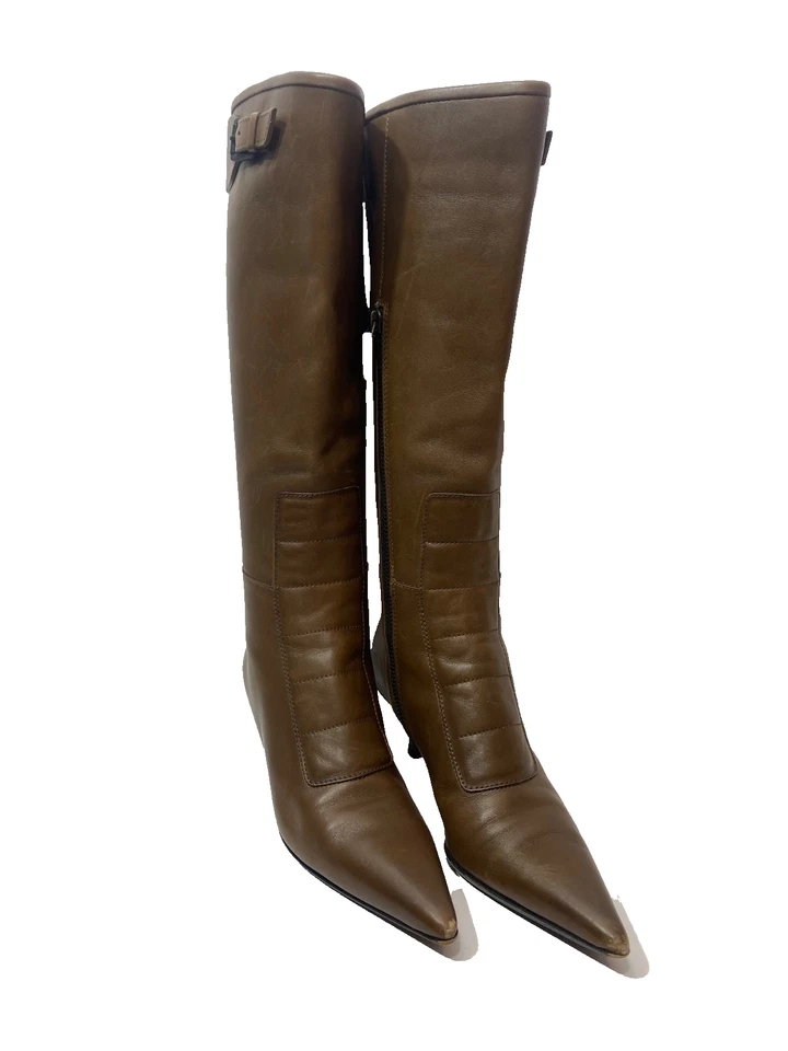 GUCCI Women's Brown Leather Tall Boot Pointed Toe Kitten Heel Buckle Size 5B - Image 3 of 4