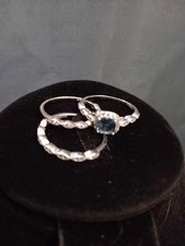 Cushion Cut Blue Sapphire With Zircon Set Of 3 Rings Rhodium Over Sterling...