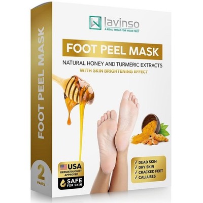 Lavinso Honey Feet Peeling Mask for Dry Cracked Feet - 4 Pack - with Kojic Acid