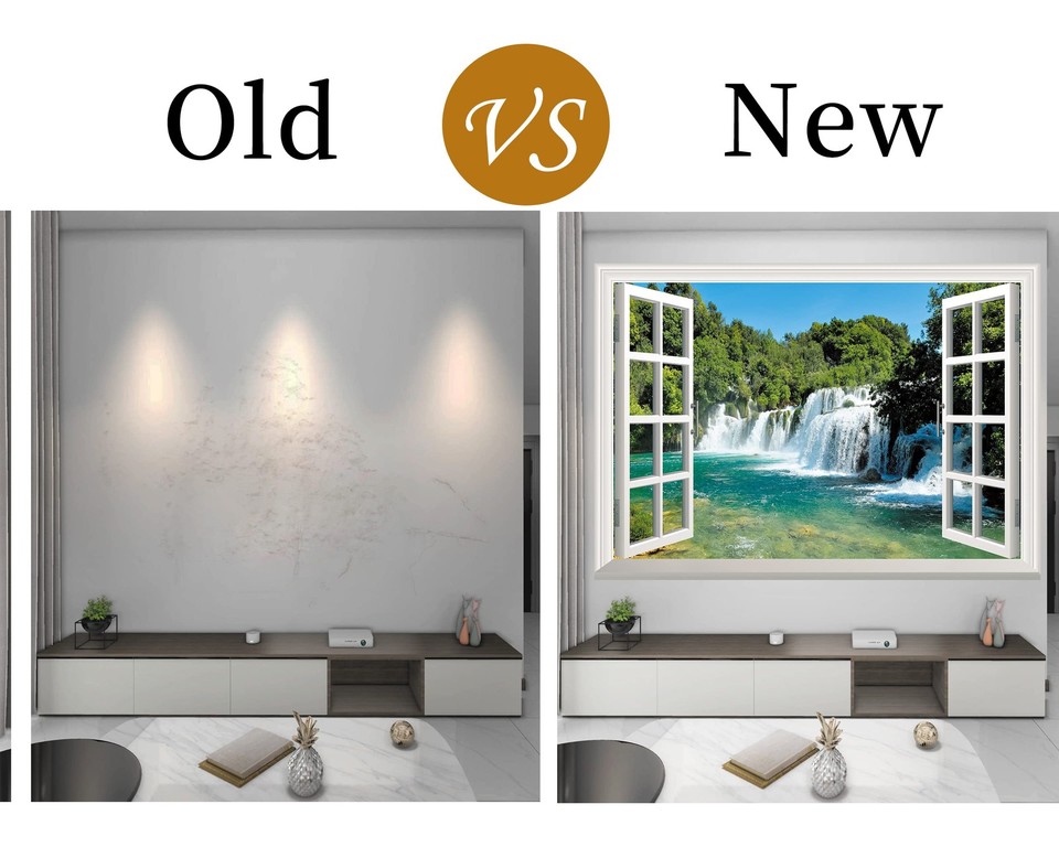 Fake Window Wall Sticker - Waterfall Faux Window Wall Mural for Wall ...