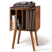 Mid-Century Modern Wooden LP Record Player Stand, 4 Cabinets, Holds 100 Vinyls,