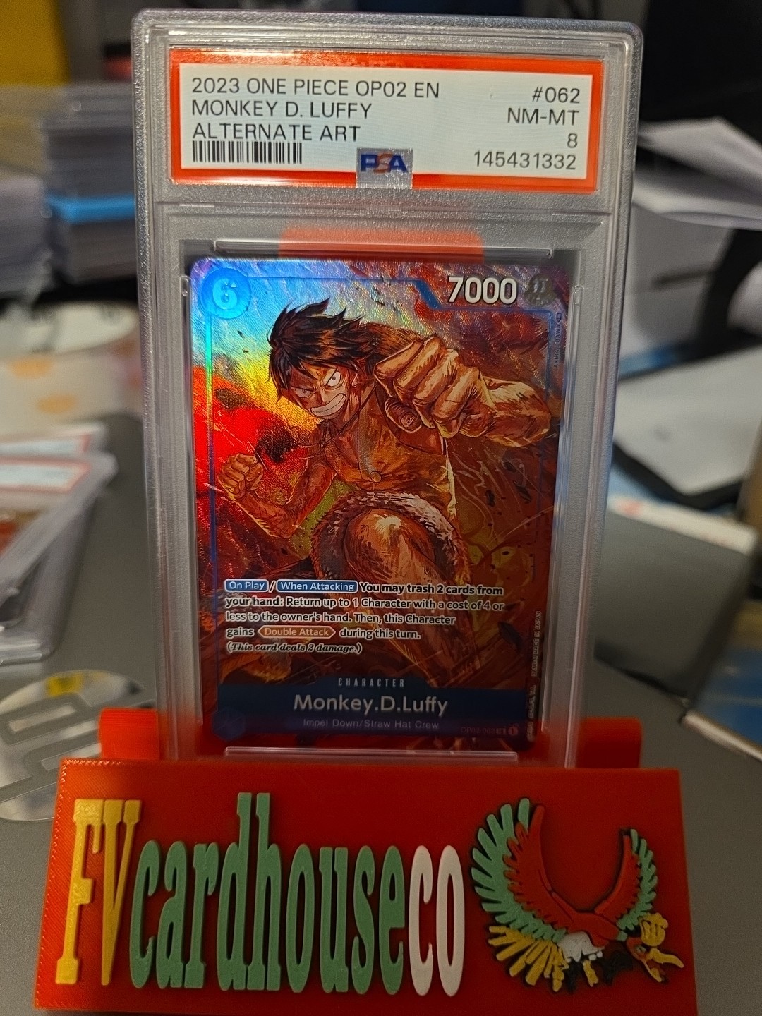 One Piece Monkey D Luffy OP02-062 PSA 8 Pop 5 Akira Egawa Art view 3