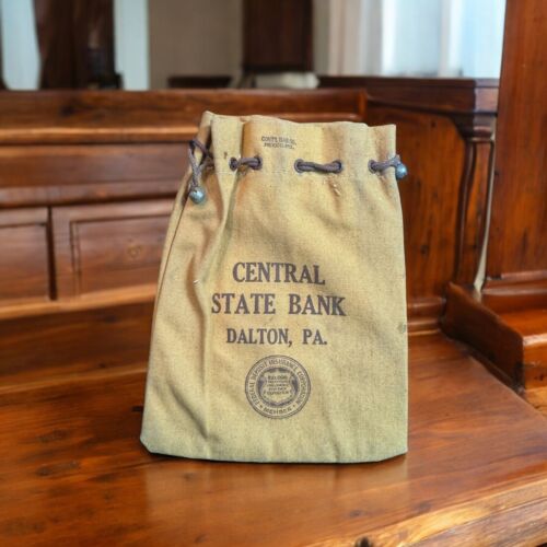 Vintage Central State Bank Dalton PA Drawstring Canvas Deposit Bag Gold