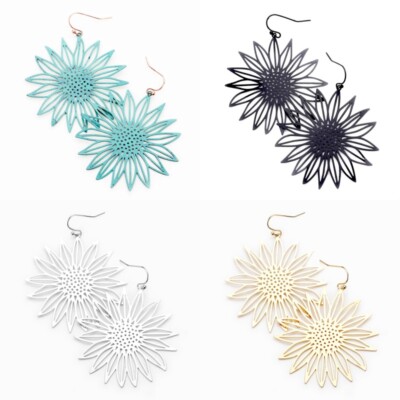 New Daisy Sunflower Filigree Earrings Women Cut-out Dangle Light Weight Pierced
