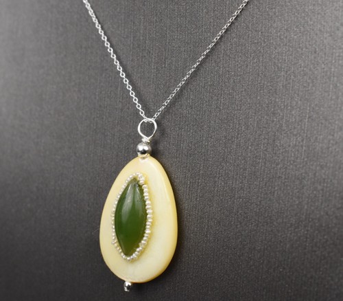 Sterling Pear MOP & Marquise Jade w/Oriental Pearl Pendant 18" Chain 1.4g – Chic - Picture 10 of 15