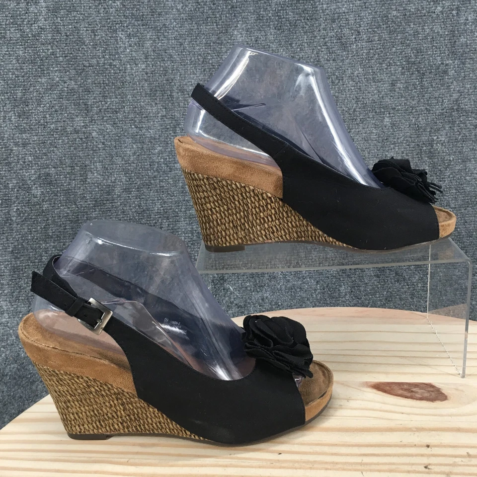 Tacones aerosoles para mujer 8 M flor punta abierta cuña 18866-2 negro marrón Foto 2 de 4