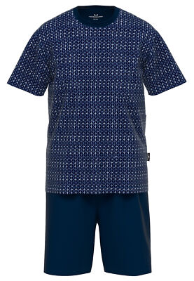 Götzburg Herren Sommer Pyjama Kurz Rundhals Set Blau Muster Baumwolle NEU