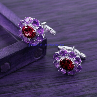Natural Amethyst & Garnet Gemstones 925 Sterling Silver Cufflinks for Men's #559