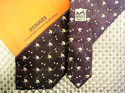 HERMES Neck tie Silk Brown Logo japan seller N1202 18 Made in France
