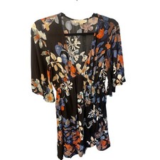 Love Stitch Floral Print Mini Dress V-Neck 3/4 Sleeve Elastic Waist Black Size S
