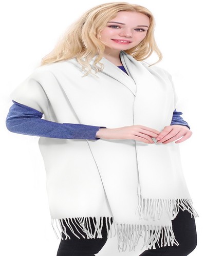 Chal Bufanda Pashmina CJ Ropa Pashmina CJ Mezcla de Algodón Blanco Grueso Color Liso - Imagen 7 de 11