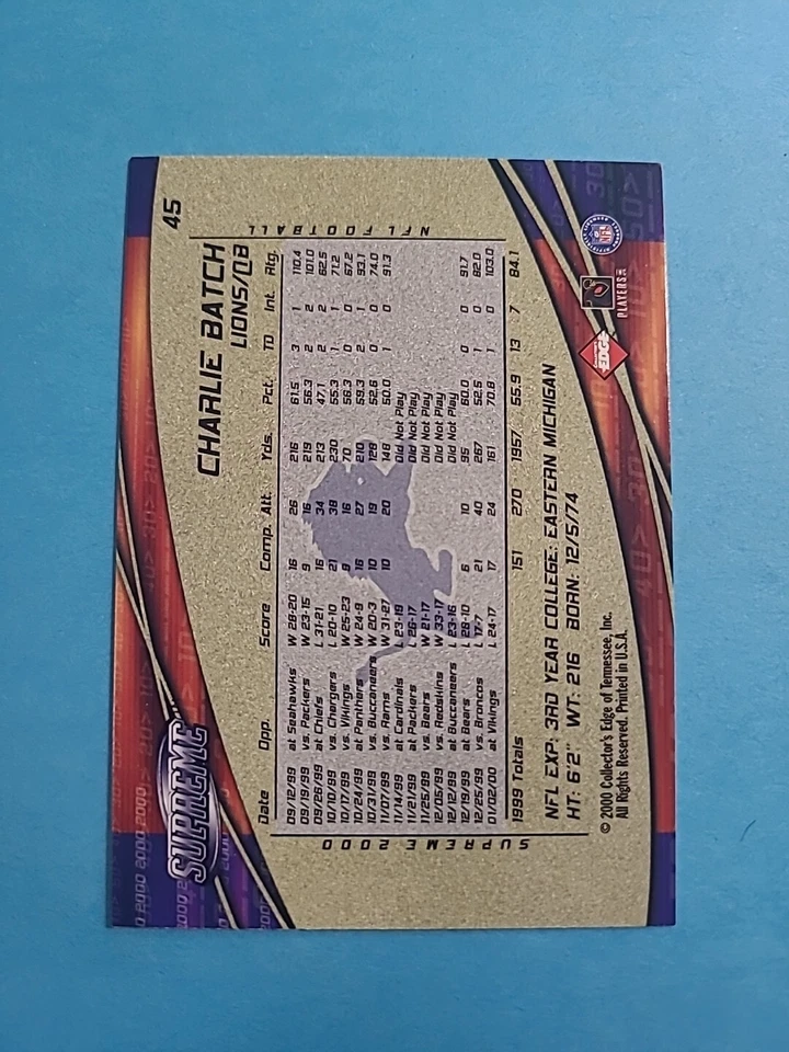 CHARLIE BATCH 2000 COLLECTOR'S EDGE SUPREME FOOTBALL CARD # 45 I0232 - Image 2 of 2