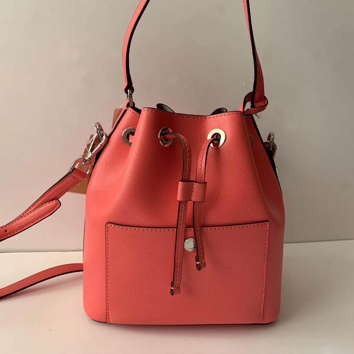 NWT MICHAEL KORS MK Greenwich MD Bucket Leather Crossbody Bag CORAL  30F5SGRM2U