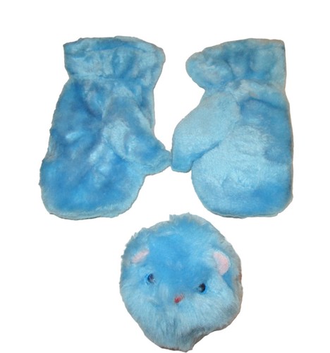 Cozy Critters Earmuffs Mittens Set Blue Cat Faux Fur Vintage Girls Plush 3D Box - Picture 3 of 7