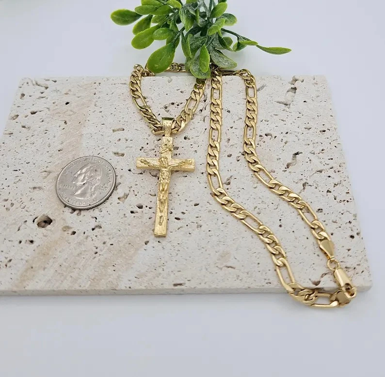 Collar Crucifijo de Oro para Hombre, Cadena Figaro Redonda de 6mm, Oro Chapado Pesado 14K Foto 3 de 4