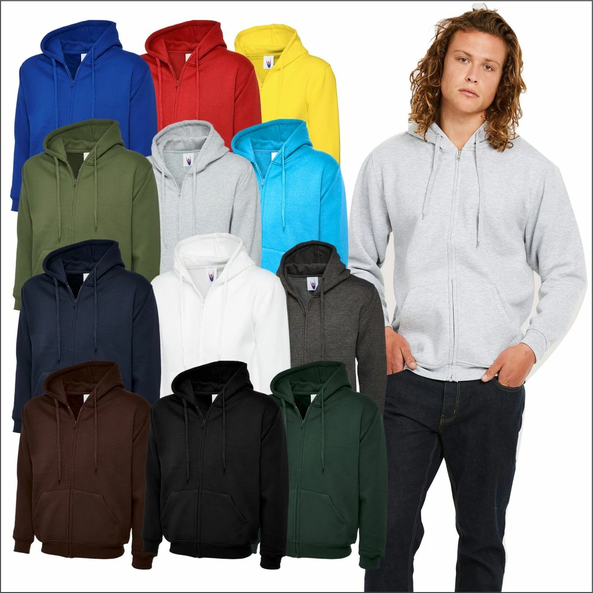 Uneek Unisex Classic Full Zip Hooded Sweatshirt Casual Workwear