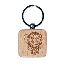 Dream Catcher with Moon and Stars Engraved Wood Square Keychain Tag Charm