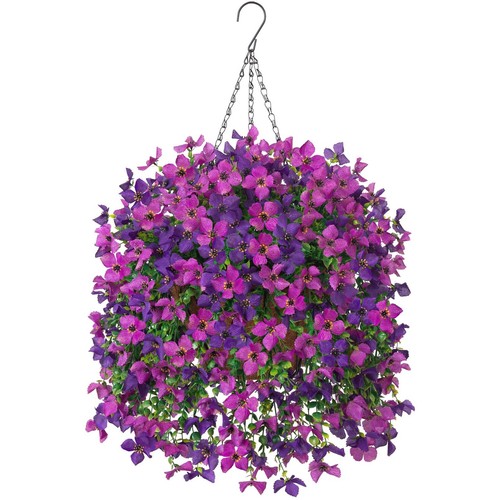 Artificial Hanging Flowers Plants with Basket for Outdoors, Realistic Faux Si...