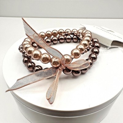 Vintage 90s Croft &Barrow Multi-Strand Bronze Tone Pearl Stretch Bracelet Ribbon