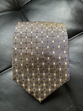 Versa Silk Tie Necktie Tan w/Blue Dots  Squares 3.75"x57" Handmade