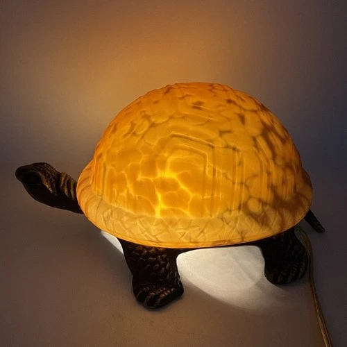 Vintage Tortoise Shell Amber Glass Turtle Accent Lamp Cast Iron Base Night Light