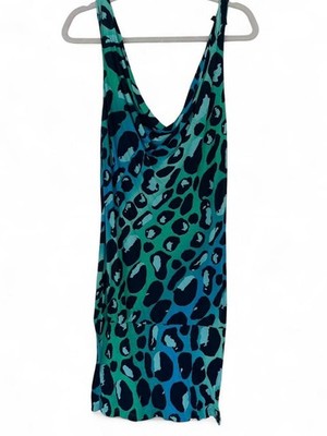 Diane von Furstenberg Blue Green Animal Print Ruched Jersey Cowl Slip Mini L