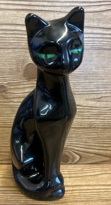 Vtg Black Cat Statue Green Eyes 11'' Figure Ceramic Bombay MCM Halloween