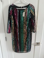 Cleo Multicolour Sequin Shift Dress – Vertical Stripe Party/Evening Dress