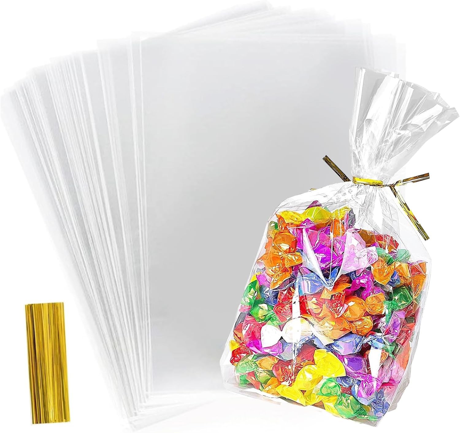 100Pcs Cake Bags & 100 pcs Gold Twist Ties, 6""x9"" / 15x23 cm Small Cellophane F