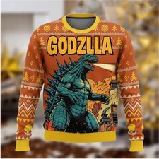  NEW Godzilla Ugly Xmas Sweater, Retro King of Monsters Family Holiday Jumper