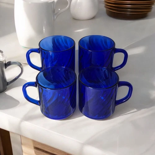 4 Vintage Retro Arcoroc Cobalt Blue Swirl Glass Coffee Cups Mugs Made In France