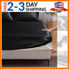 Satin Fitted Sheet Queen Size with Elastic Corner Straps, Luxury Soft Silk-Li...