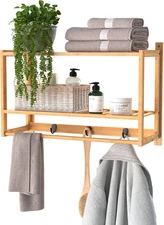 Bamboo Wall Shelf with Towel Bar, 3 Hooks, Wall Mount Storage Shelves, 2 Tier, O
