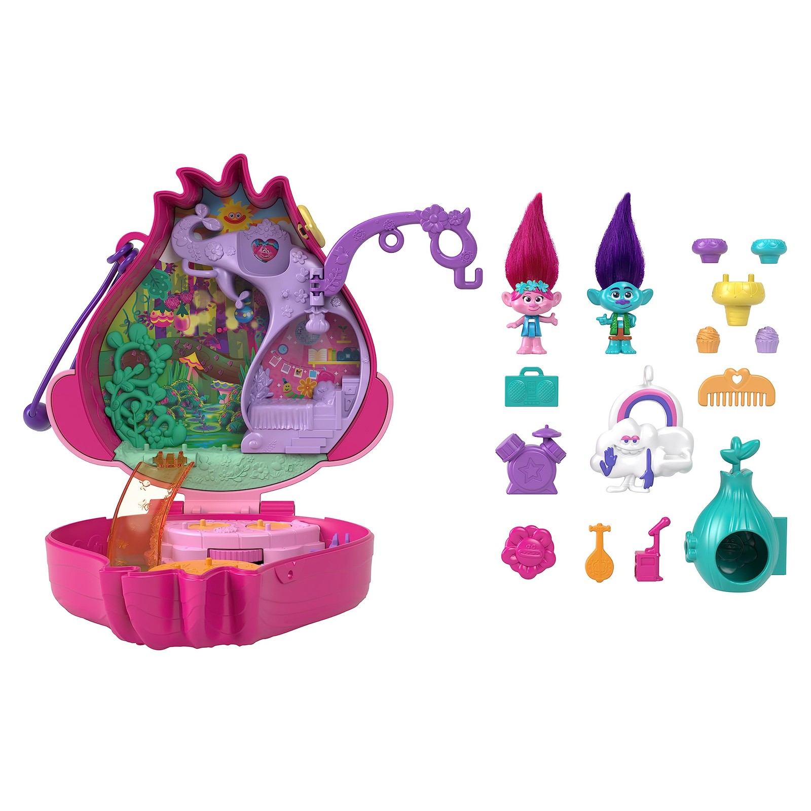 Polly Pocket Trolls Compact Playset, Poppy & Branch Micro Dolls, 13 Accessories,