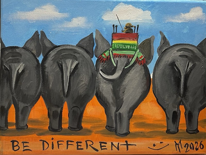 ORIGINAL PAINTING Ryta Hot Room Decor Elephant Desert Folk Art Landscape Humor