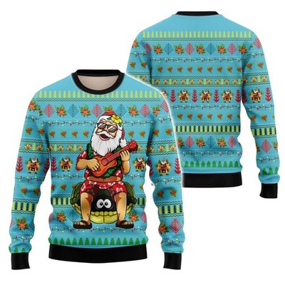 Xmas Santa Playing Ukulele And Turtle Holiday Ugly Christmas Sweater