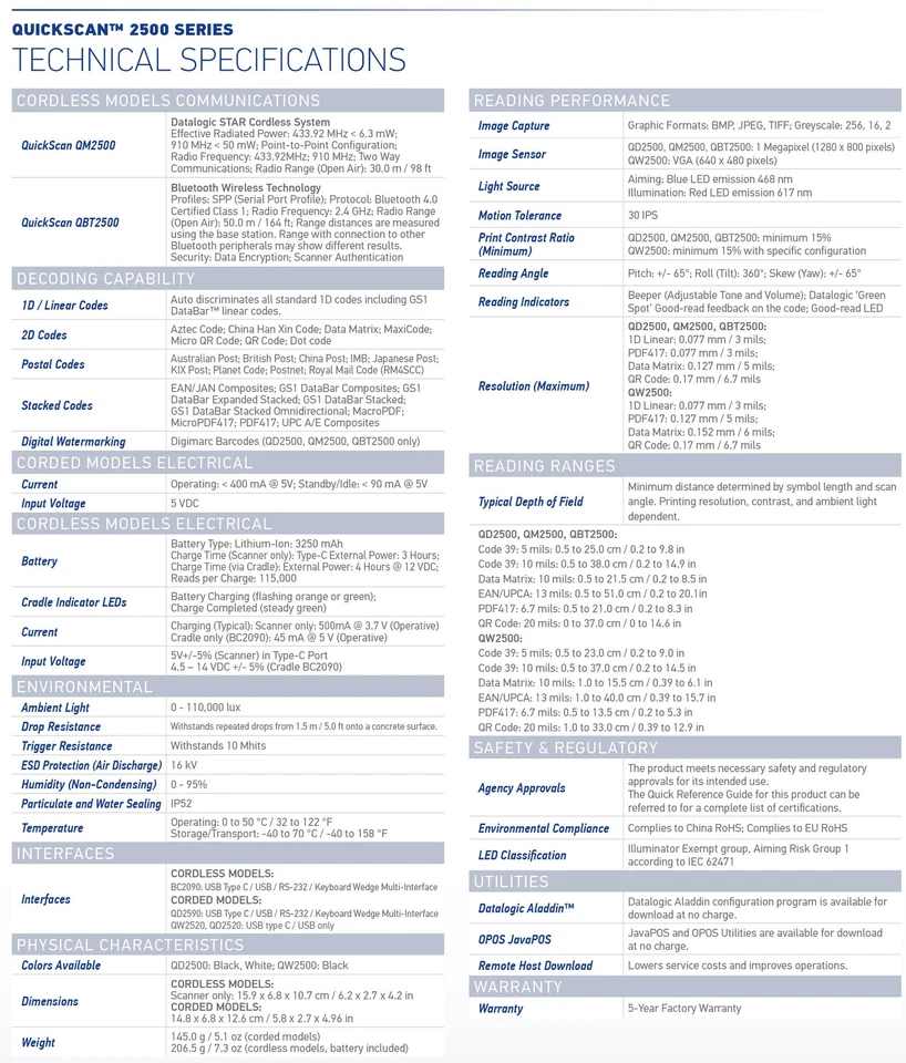 Datalogic QuickScan QBT2500-BK-BTK+ Bluetooth 2D Barcode Scanner w/ USB-C Cable - Image 4 of 4