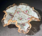 Vintage Fenton Bonbon Bowl Charleton Rose Ruffled Edge Gold Gilt Milk Glass