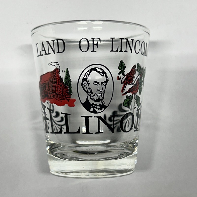 Vintage shot glass Illinois Land Of Abraham Lincoln Log Cabin Cardinals Taiwan