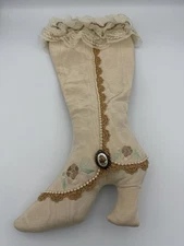 Victorian Style High Heel  Boot Christmas Stocking Gold Cream Beige Ruffle Brooc