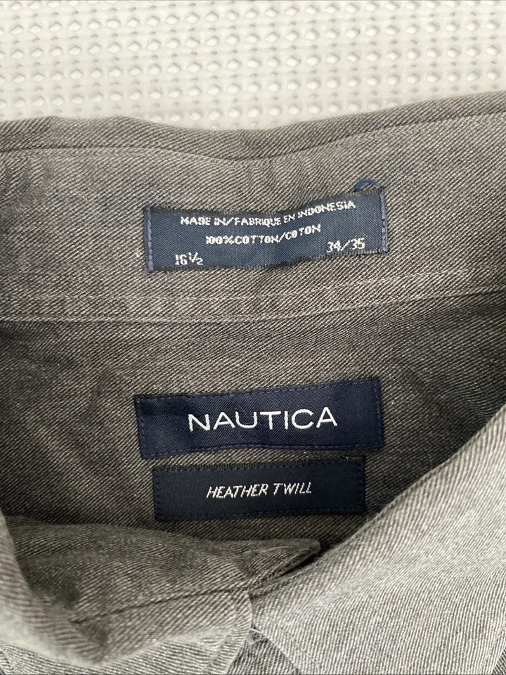 Nautica Shirt Mens 16.5 34/35 Dark Gray Button Up Heather Twill Dressy Casual - Image 4 of 4