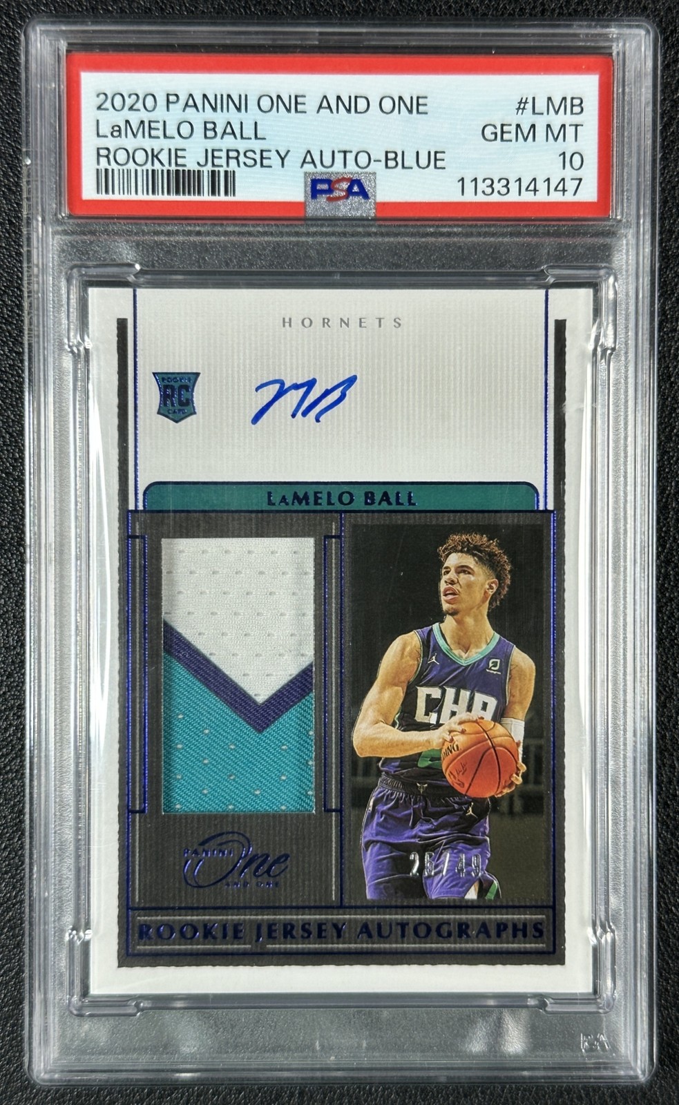 LAMELO BALL PSA 10 2020-21 PANINI ONE AND ONE ROOKIE PATCH AUTO BLUE RC 25/49
