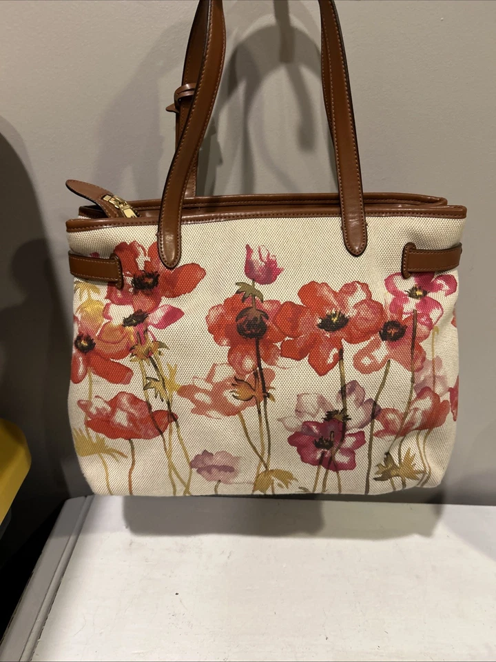 Bolso de Hombro Ralph Lauren Floral Rosa Lona Cuero Cremallera Diseñador Foto 3 de 4